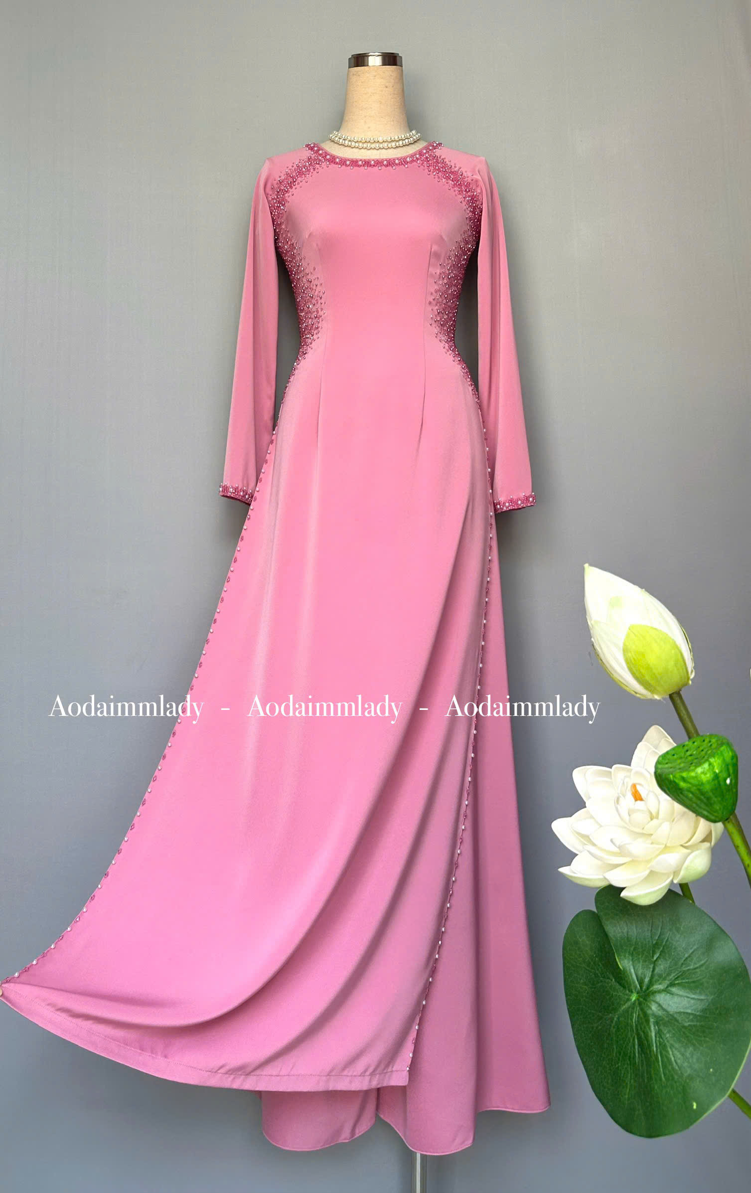 Áo dài Silk lụa đính kết thủ công cao cấp